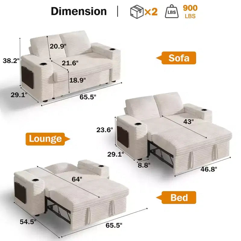 Divano letto trasformabile 3-in-1 in ciniglia e velluto a coste beige/grigio/verde, 2 posti