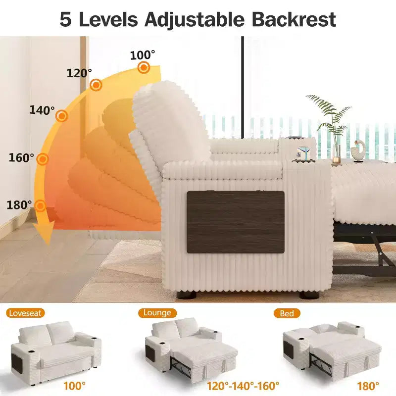 Divano letto trasformabile 3-in-1 in ciniglia e velluto a coste beige/grigio/verde, 2 posti