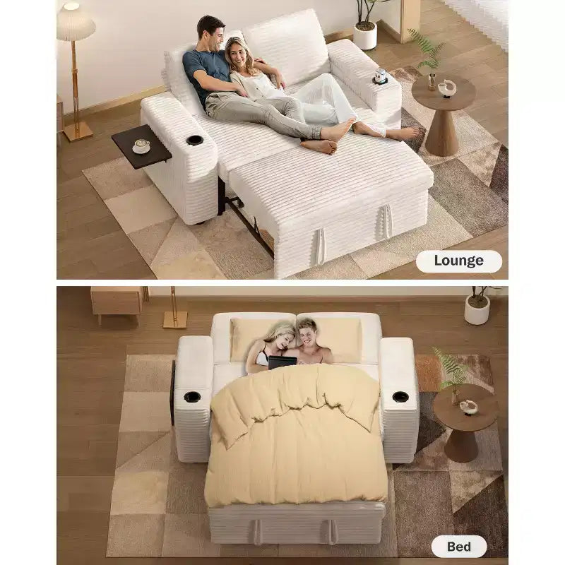 Divano letto trasformabile 3-in-1 in ciniglia e velluto a coste beige/grigio/verde, 2 posti