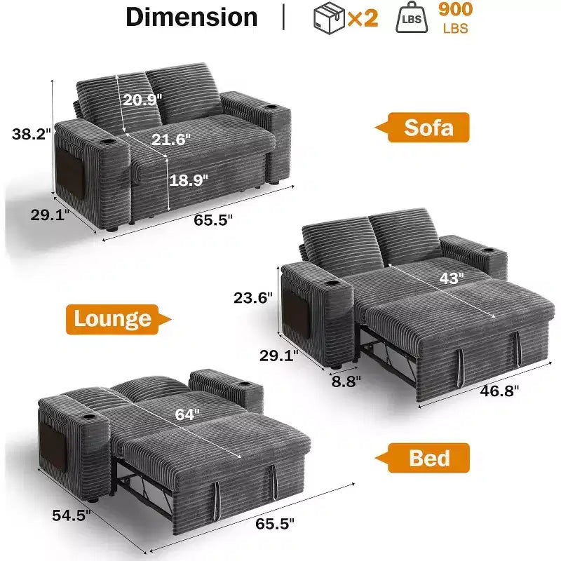 Divano letto trasformabile 3-in-1 in ciniglia e velluto a coste beige/grigio/verde, 2 posti