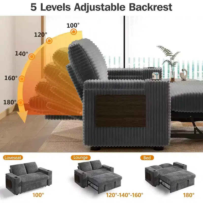 Divano letto trasformabile 3-in-1 in ciniglia e velluto a coste beige/grigio/verde, 2 posti