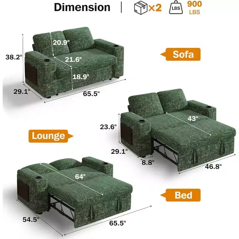 Divano letto trasformabile 3-in-1 in ciniglia e velluto a coste beige/grigio/verde, 2 posti
