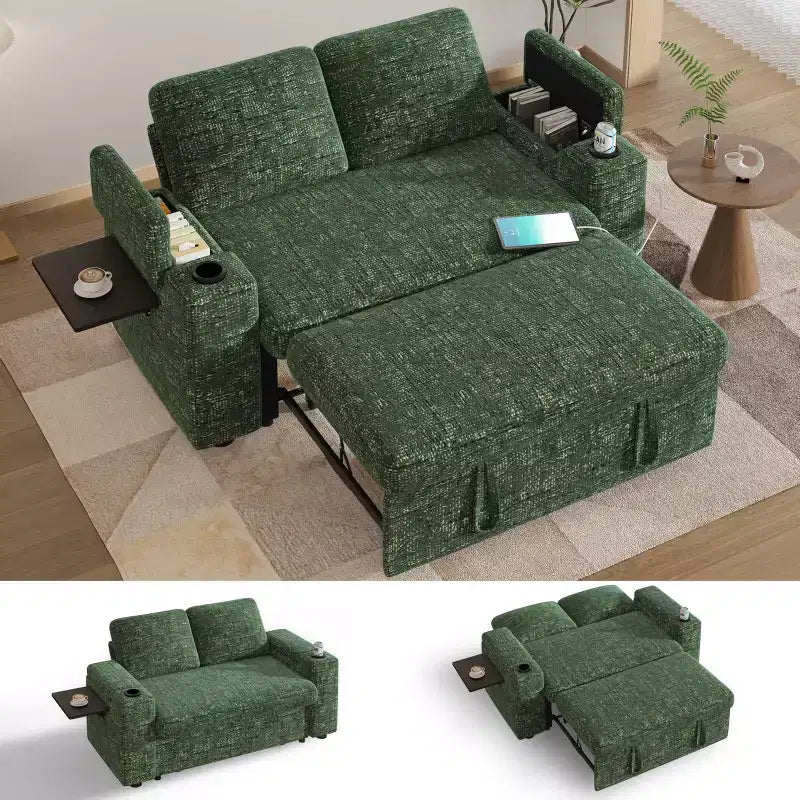 Divano letto trasformabile 3-in-1 in ciniglia e velluto a coste beige/grigio/verde, 2 posti