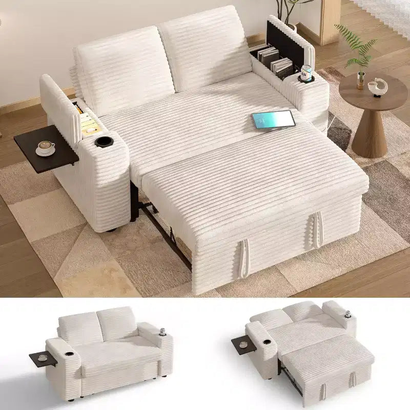 Divano letto trasformabile 3-in-1 in ciniglia e velluto a coste beige/grigio/verde, 2 posti