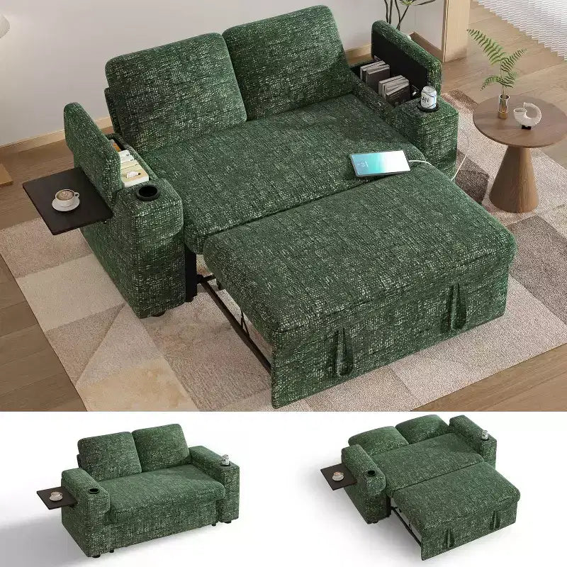 Divano letto trasformabile 3-in-1 in ciniglia e velluto a coste beige/grigio/verde, 2 posti