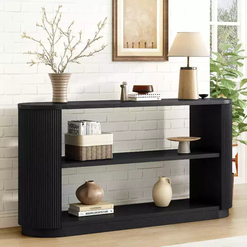 Tavolo Console Ovale Stretto Nero / Marrone / Naturale, Tavolo d'Appoggio per Ingresso Monouso