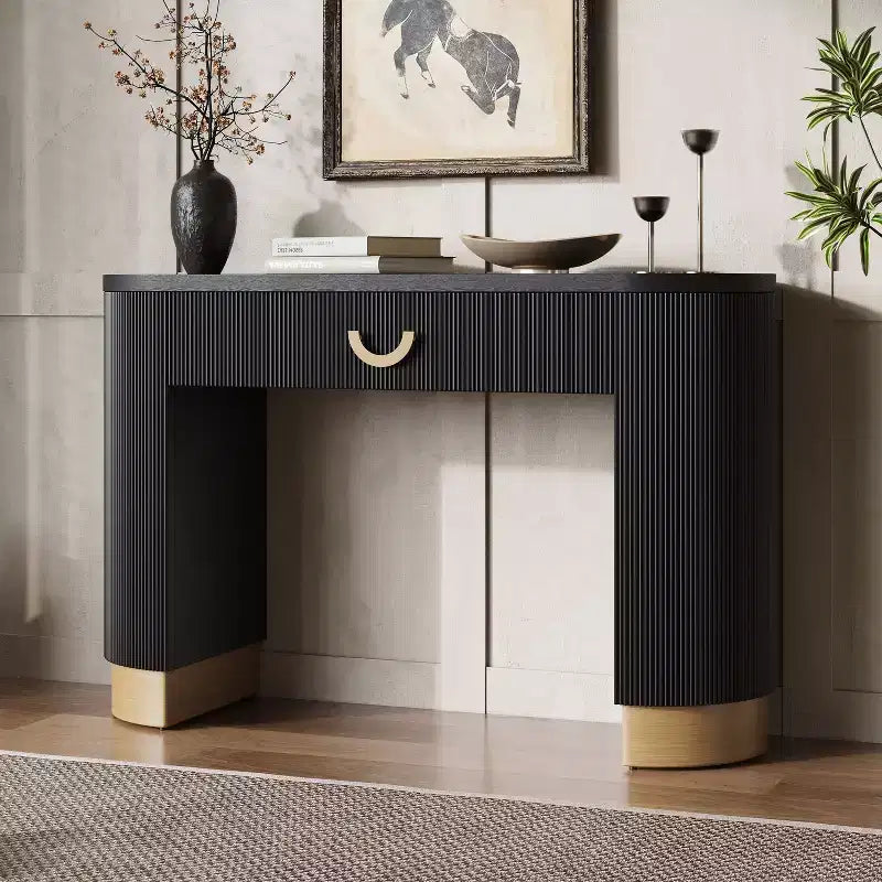 Consolle Nera e Oro con Cassetto | Design a Costine Verticali | 1 Pezzo