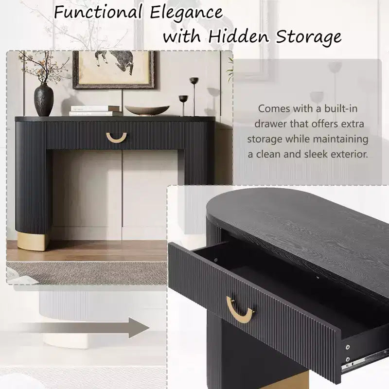 Consolle Nera e Oro con Cassetto | Design a Costine Verticali | 1 Pezzo