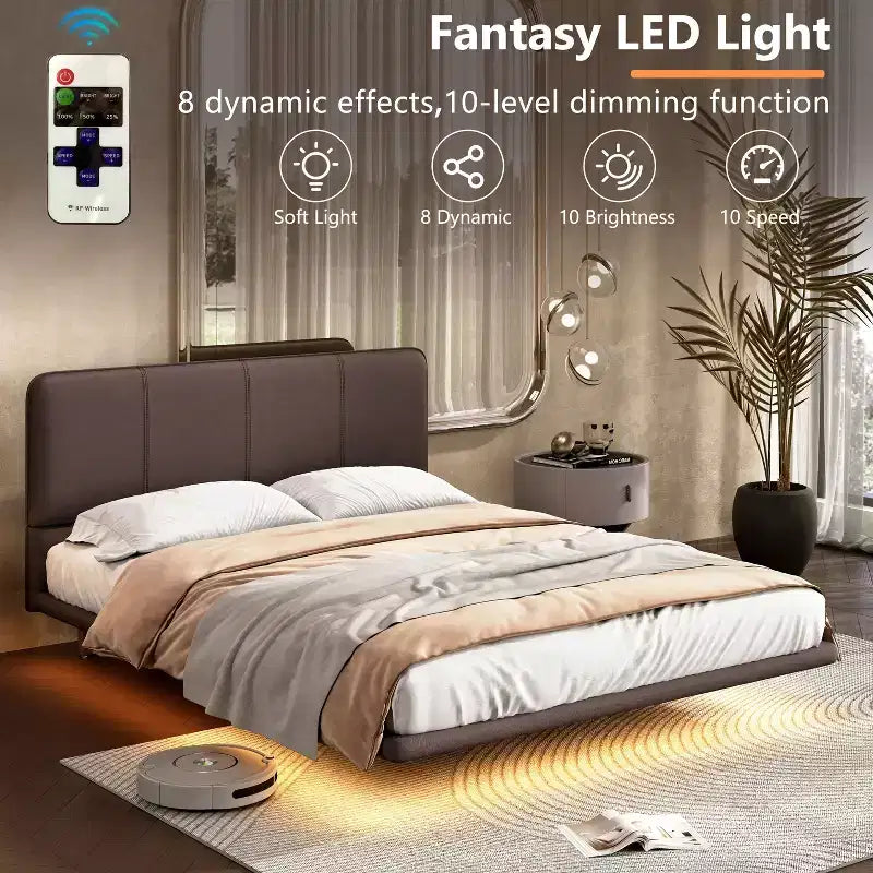 Letto a piattaforma Caffè/Verde con luce LED e testiera in pelle PU – Matrimoniale francese (1 persona) / Matrimoniale (2 persone)