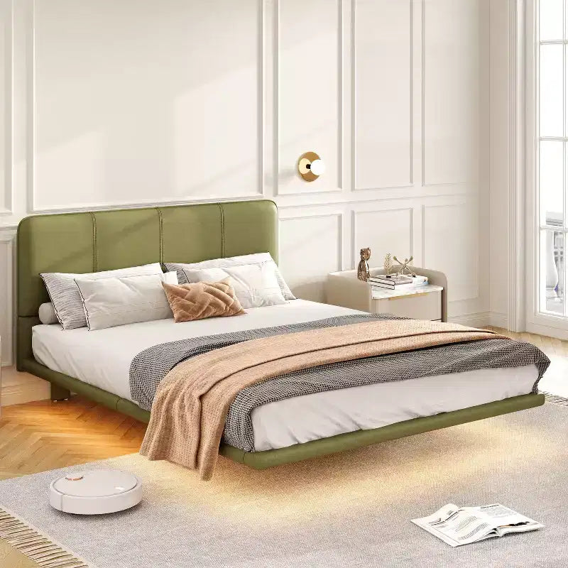 Letto a piattaforma Caffè/Verde con luce LED e testiera in pelle PU – Matrimoniale francese (1 persona) / Matrimoniale (2 persone)