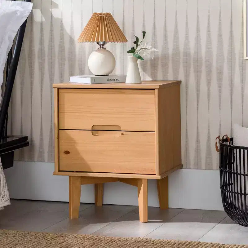 Mid-Century Modern Solid Wood 2-Drawer Nightstand C Natural Pine