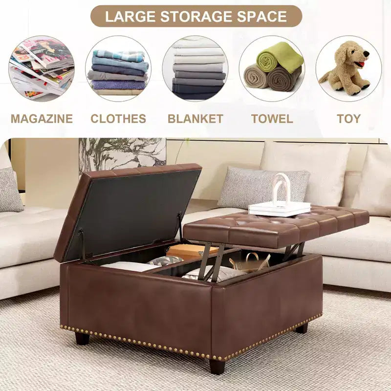 Pouf contenitore quadrato con piano sollevabile, colore nero/marrone/grigio scuro/grigio chiaro, con seduta per 1 persona, in similpelle