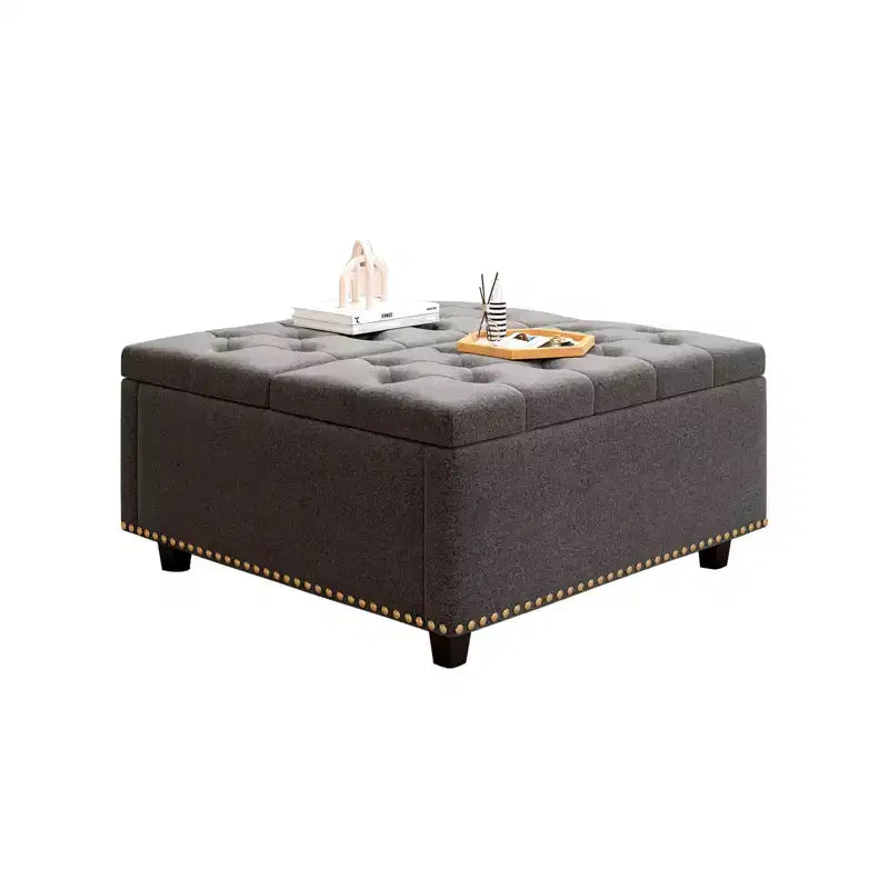 Pouf contenitore quadrato con piano sollevabile, colore nero/marrone/grigio scuro/grigio chiaro, con seduta per 1 persona, in similpelle