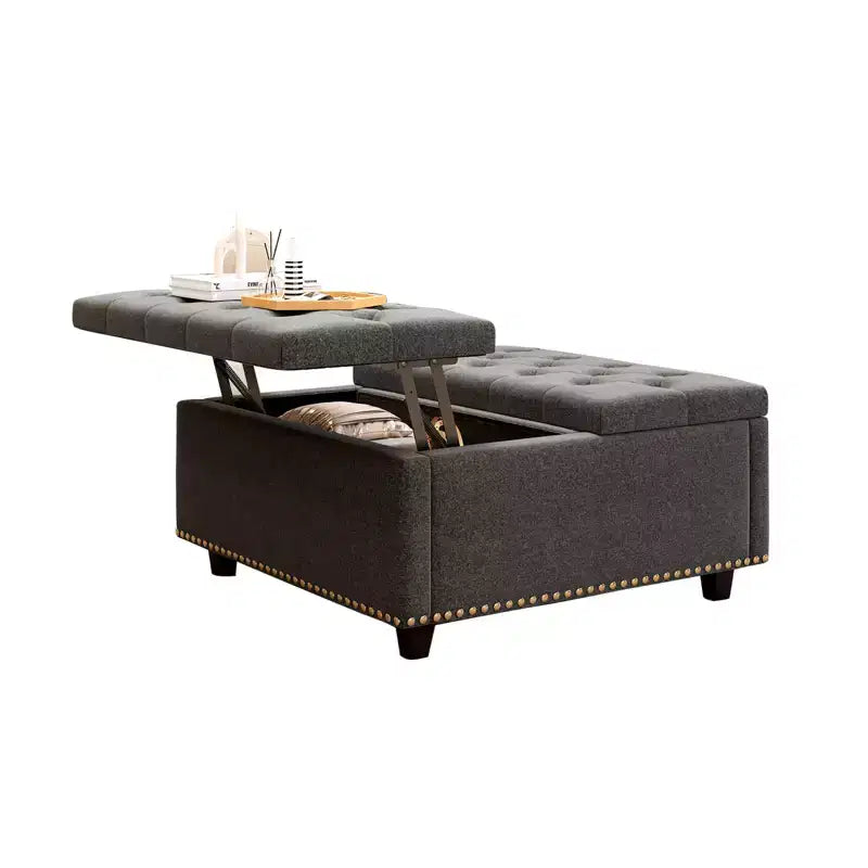 Pouf contenitore quadrato con piano sollevabile, colore nero/marrone/grigio scuro/grigio chiaro, con seduta per 1 persona, in similpelle