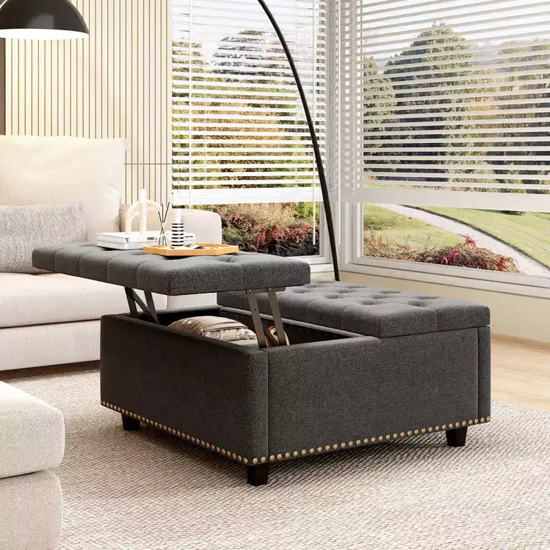Pouf contenitore quadrato con piano sollevabile, colore nero/marrone/grigio scuro/grigio chiaro, con seduta per 1 persona, in similpelle