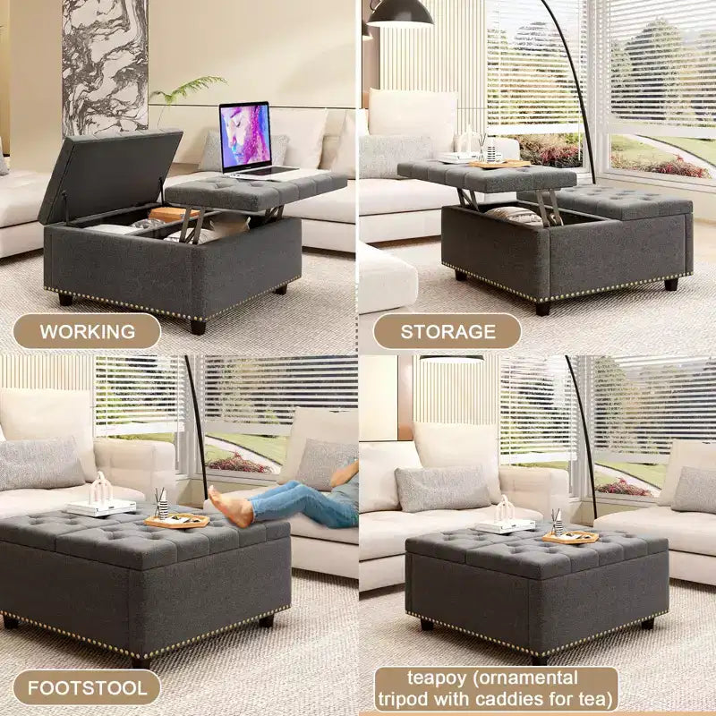 Pouf contenitore quadrato con piano sollevabile, colore nero/marrone/grigio scuro/grigio chiaro, con seduta per 1 persona, in similpelle