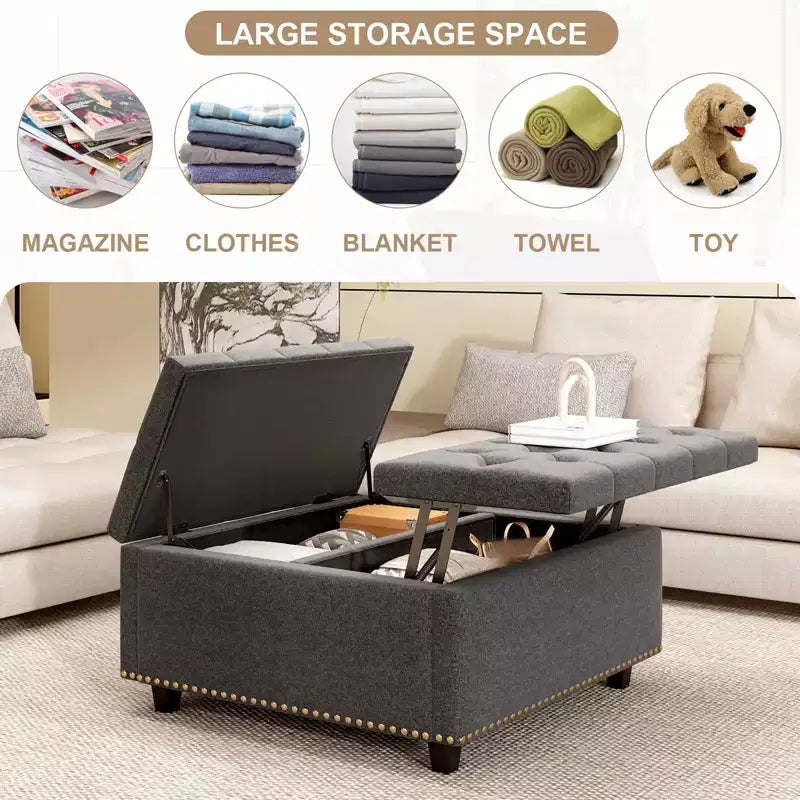 Pouf contenitore quadrato con piano sollevabile, colore nero/marrone/grigio scuro/grigio chiaro, con seduta per 1 persona, in similpelle