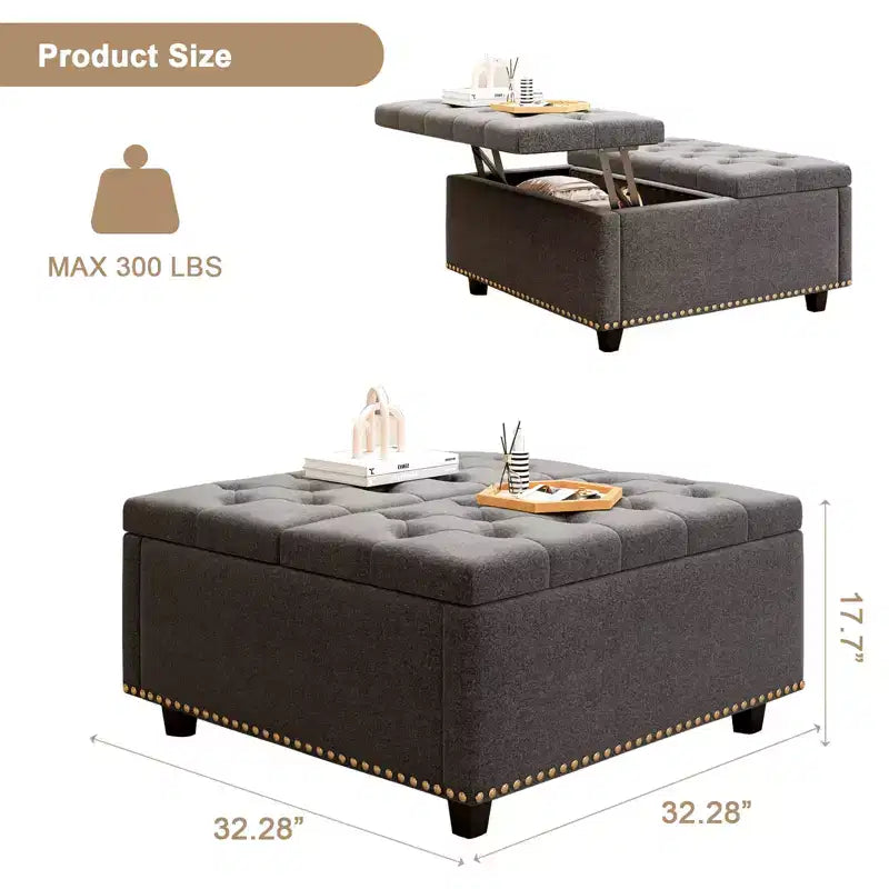 Pouf contenitore quadrato con piano sollevabile, colore nero/marrone/grigio scuro/grigio chiaro, con seduta per 1 persona, in similpelle