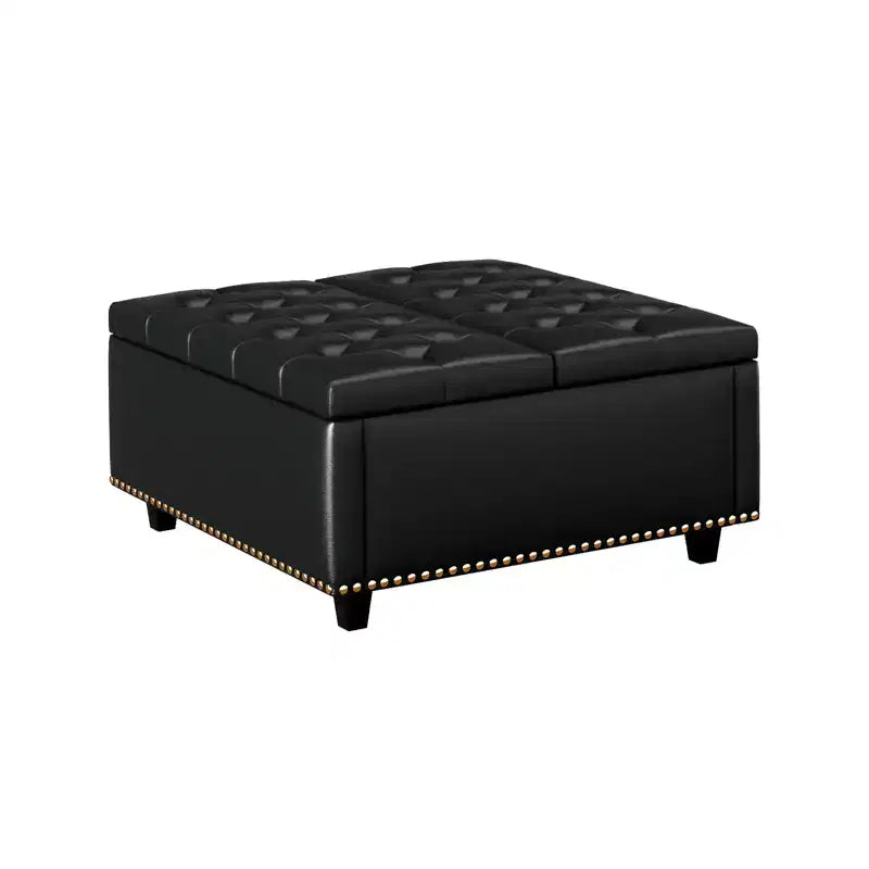 Pouf contenitore quadrato con piano sollevabile, colore nero/marrone/grigio scuro/grigio chiaro, con seduta per 1 persona, in similpelle