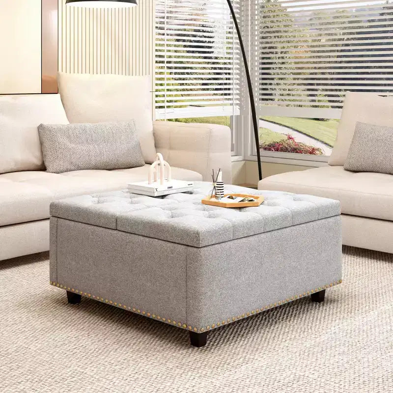 Pouf contenitore quadrato con piano sollevabile, colore nero/marrone/grigio scuro/grigio chiaro, con seduta per 1 persona, in similpelle