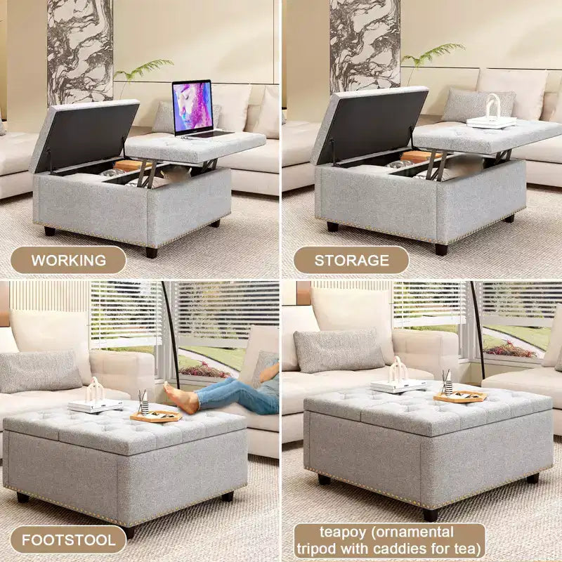 Pouf contenitore quadrato con piano sollevabile, colore nero/marrone/grigio scuro/grigio chiaro, con seduta per 1 persona, in similpelle