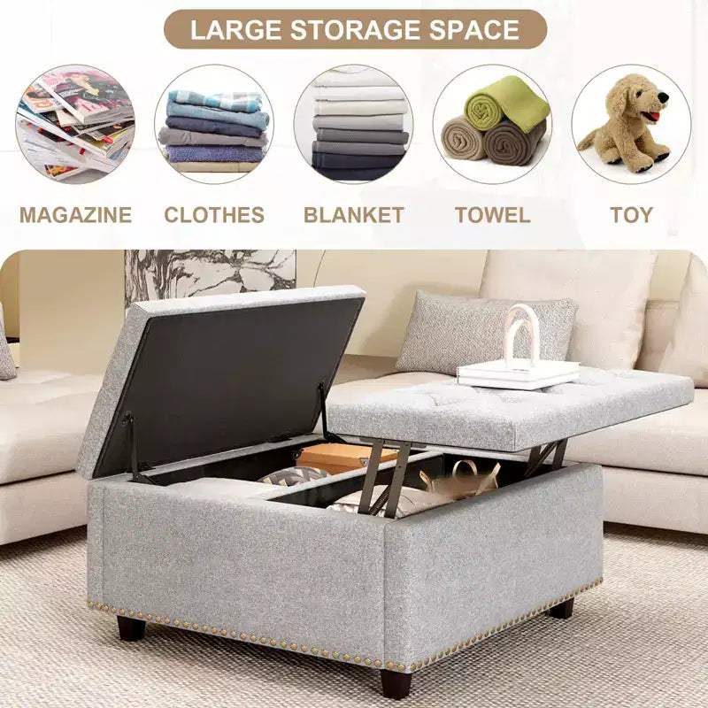 Pouf contenitore quadrato con piano sollevabile, colore nero/marrone/grigio scuro/grigio chiaro, con seduta per 1 persona, in similpelle
