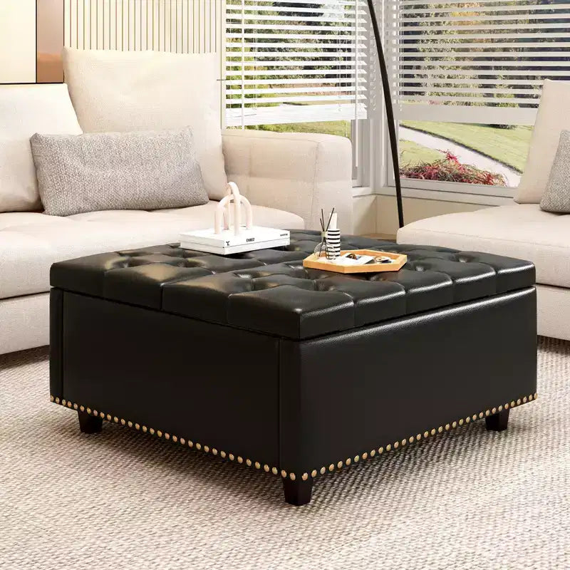 Pouf contenitore quadrato con piano sollevabile, colore nero/marrone/grigio scuro/grigio chiaro, con seduta per 1 persona, in similpelle