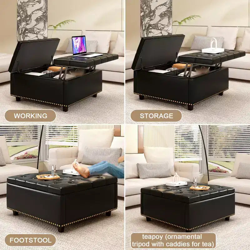 Pouf contenitore quadrato con piano sollevabile, colore nero/marrone/grigio scuro/grigio chiaro, con seduta per 1 persona, in similpelle