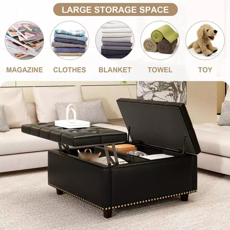 Pouf contenitore quadrato con piano sollevabile, colore nero/marrone/grigio scuro/grigio chiaro, con seduta per 1 persona, in similpelle