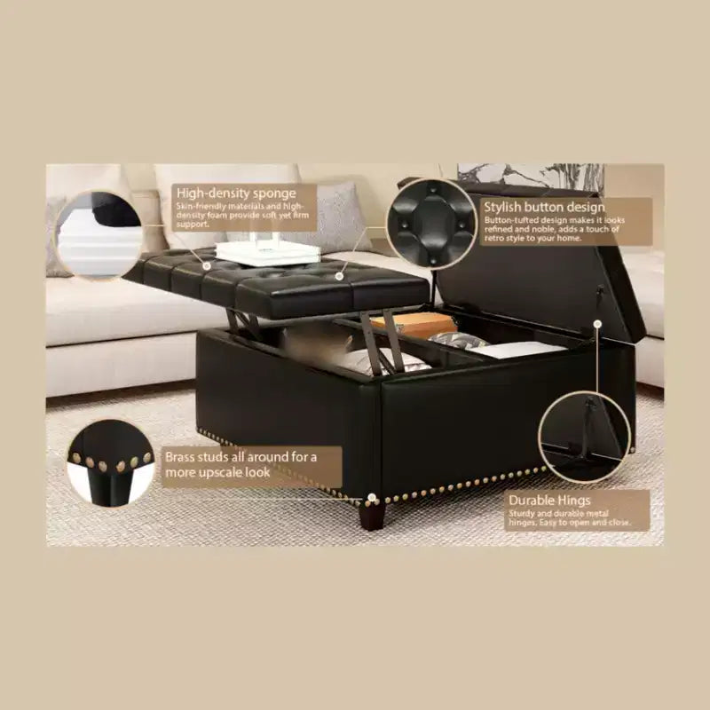 Pouf contenitore quadrato con piano sollevabile, colore nero/marrone/grigio scuro/grigio chiaro, con seduta per 1 persona, in similpelle