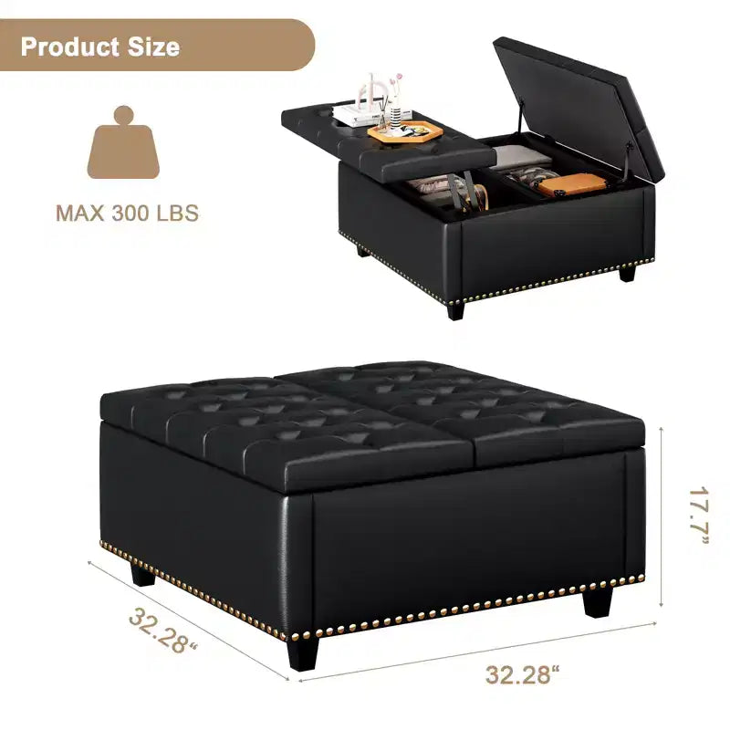 Pouf contenitore quadrato con piano sollevabile, colore nero/marrone/grigio scuro/grigio chiaro, con seduta per 1 persona, in similpelle