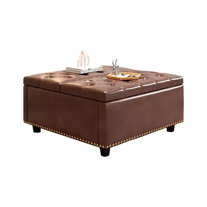 Pouf contenitore quadrato con piano sollevabile, colore nero/marrone/grigio scuro/grigio chiaro, con seduta per 1 persona, in similpelle