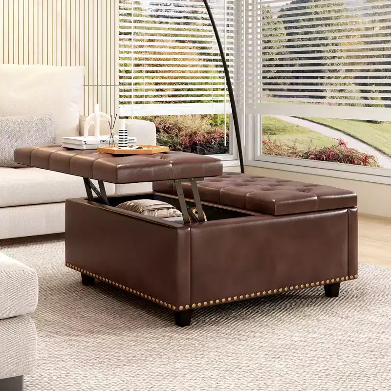 Pouf contenitore quadrato con piano sollevabile, colore nero/marrone/grigio scuro/grigio chiaro, con seduta per 1 persona, in similpelle