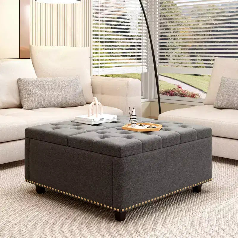Pouf contenitore quadrato con piano sollevabile, colore nero/marrone/grigio scuro/grigio chiaro, con seduta per 1 persona, in similpelle
