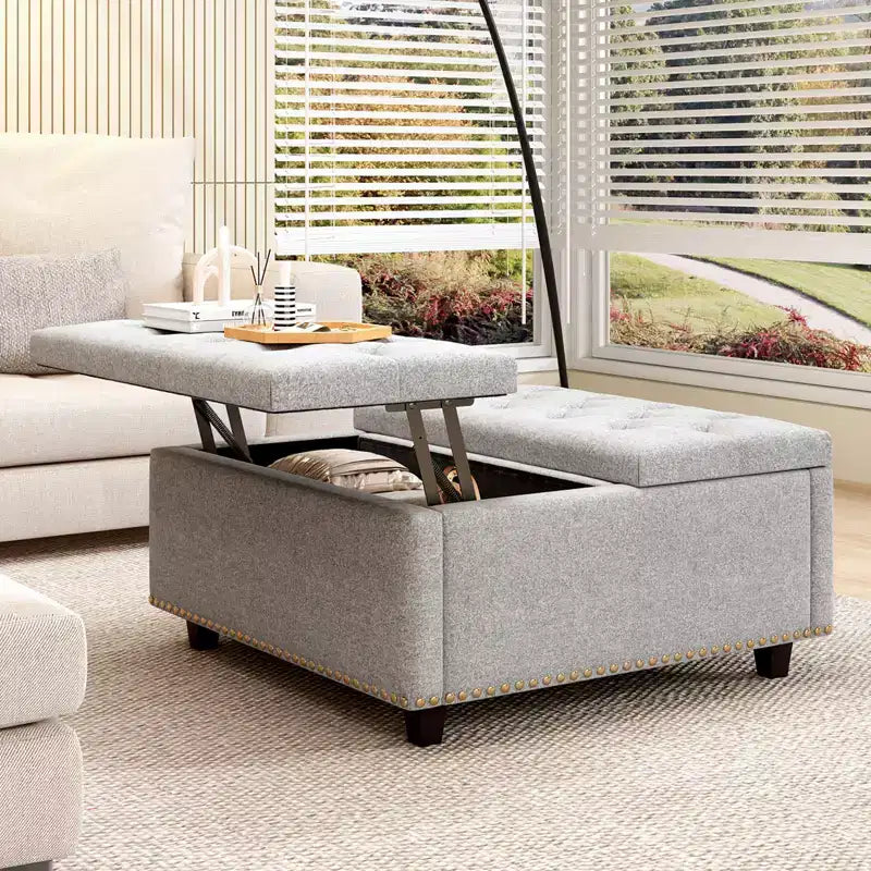 Pouf contenitore quadrato con piano sollevabile, colore nero/marrone/grigio scuro/grigio chiaro, con seduta per 1 persona, in similpelle