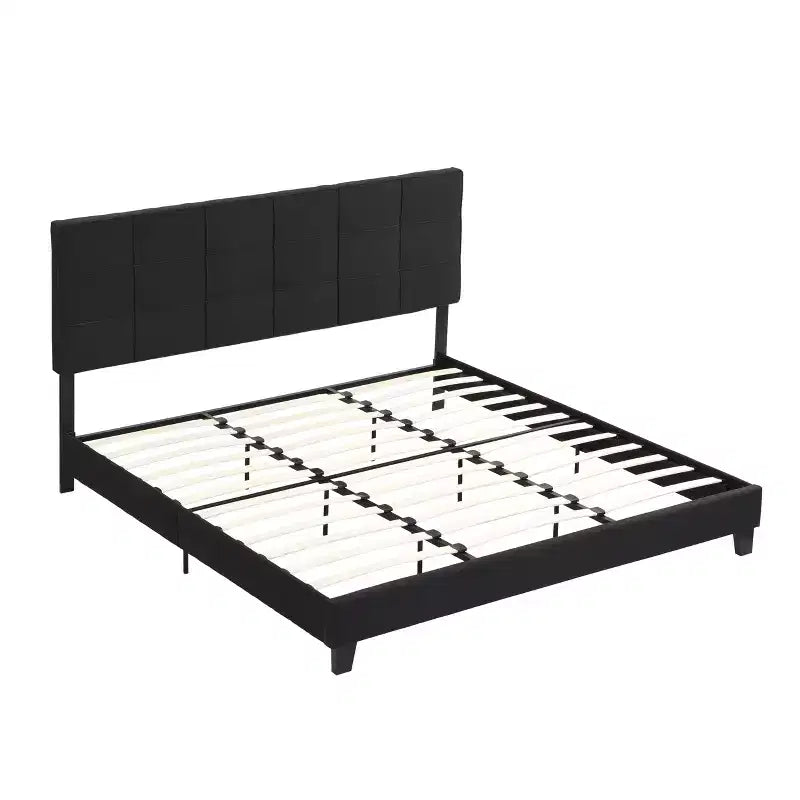 Letto a piattaforma King in lino beige con testiera imbottita, non è necessario il box spring, 1 persona