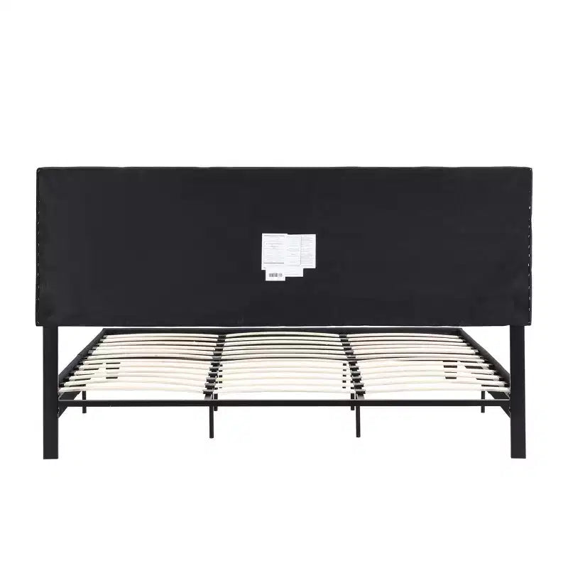 Letto a piattaforma King in lino beige con testiera imbottita, non è necessario il box spring, 1 persona