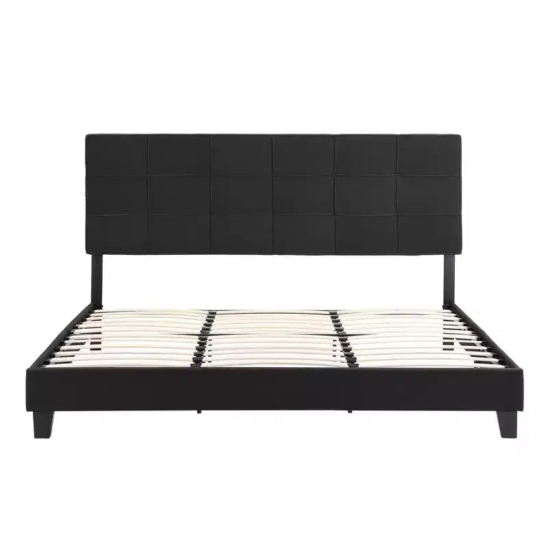Letto a piattaforma King in lino beige con testiera imbottita, non è necessario il box spring, 1 persona