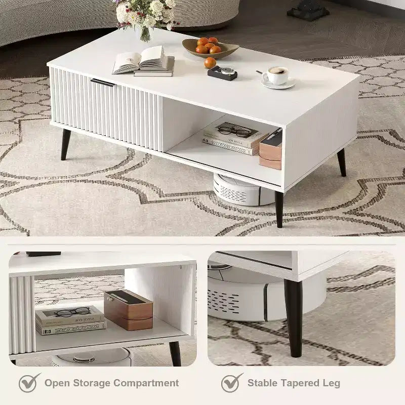 Tavolino da Caffè a 2 Livelli con Ante Scorrevoli Bianco / Nero / Legno