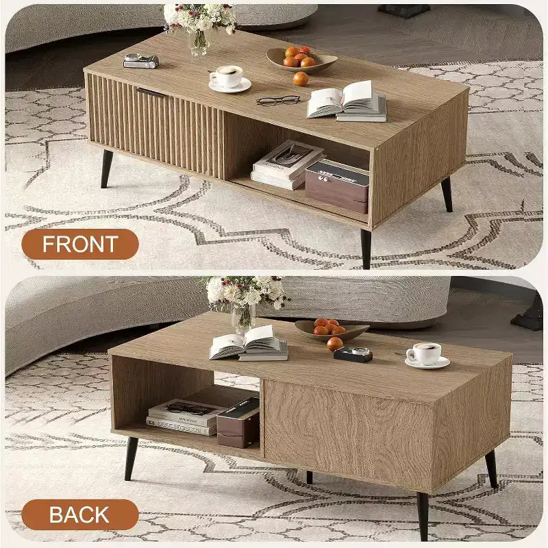 Tavolino da Caffè a 2 Livelli con Ante Scorrevoli Bianco / Nero / Legno