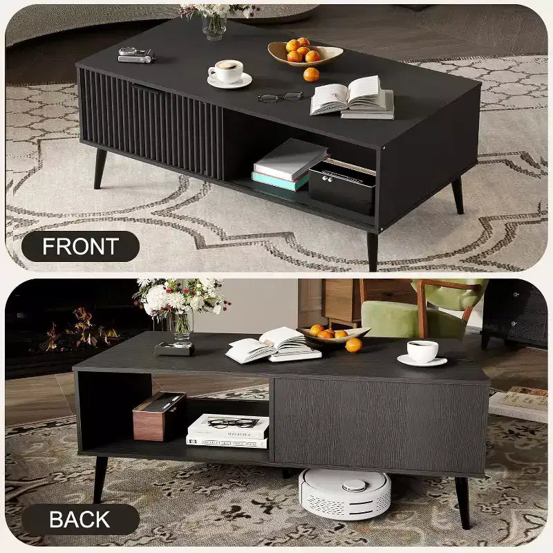 Tavolino da Caffè a 2 Livelli con Ante Scorrevoli Bianco / Nero / Legno