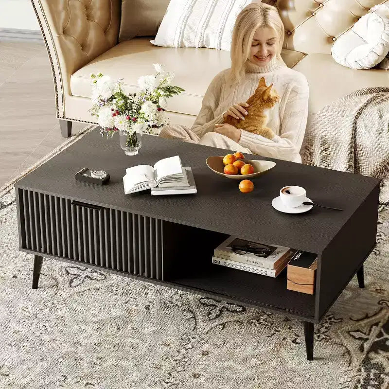 Tavolino da Caffè a 2 Livelli con Ante Scorrevoli Bianco / Nero / Legno