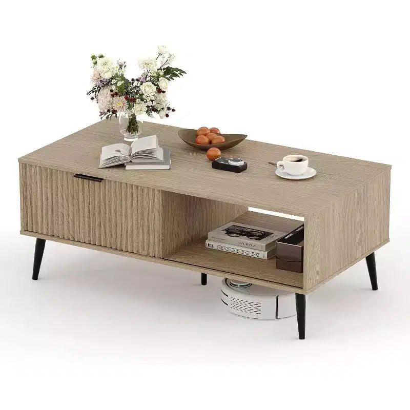 Tavolino da Caffè a 2 Livelli con Ante Scorrevoli Bianco / Nero / Legno