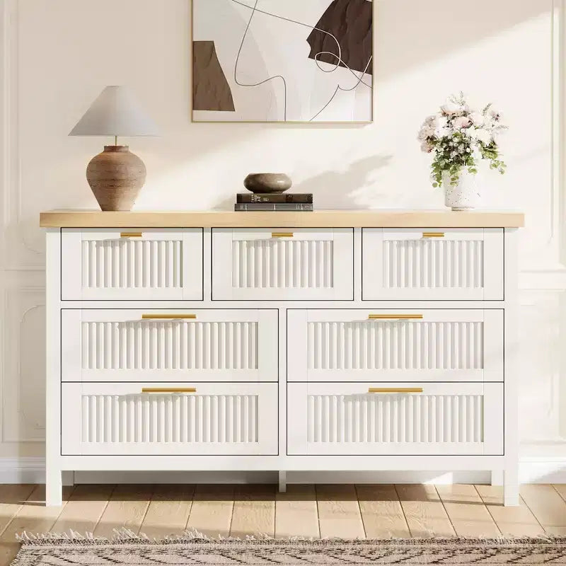 Cassettiera White Fluted a 7 cassetti, larghezza 120 cm