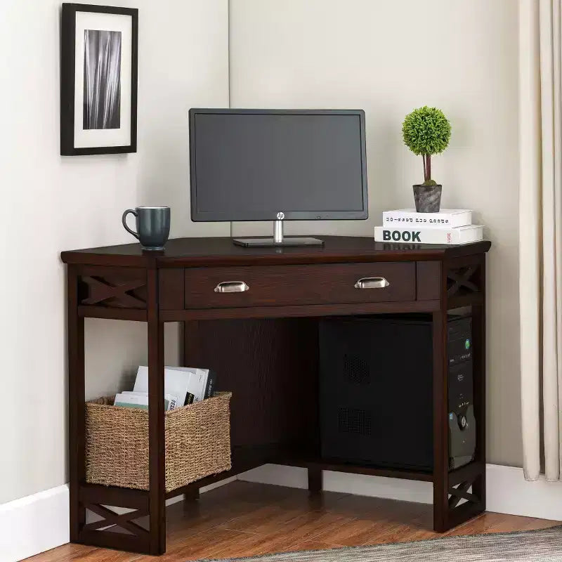 Scrivania singola in legno di acacia marrone con cassetto portadocumenti