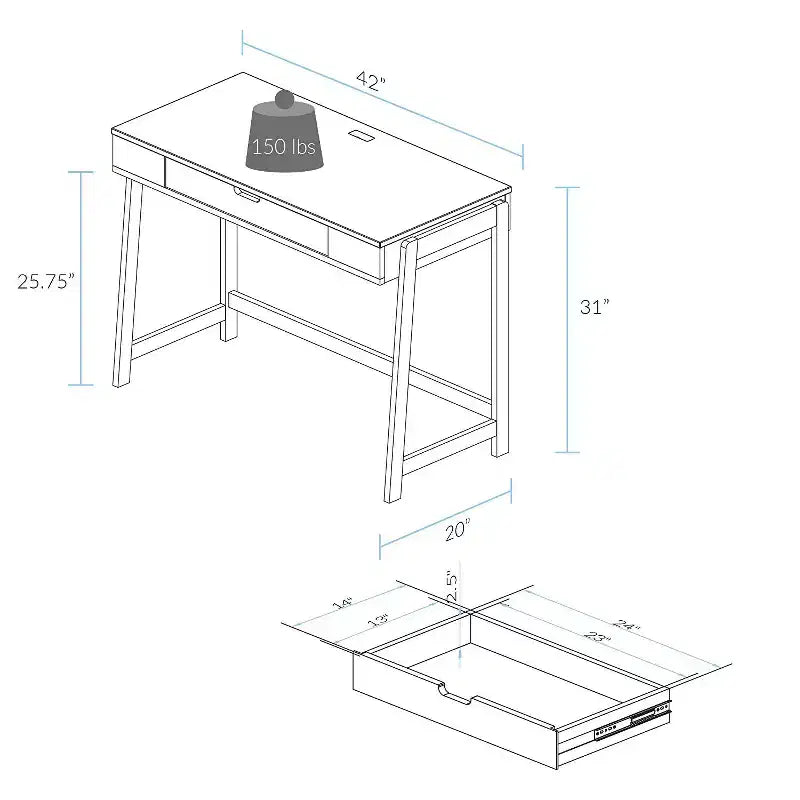 Scrivania per computer in legno di gomma marrone, senza cassetti, per 1 persona