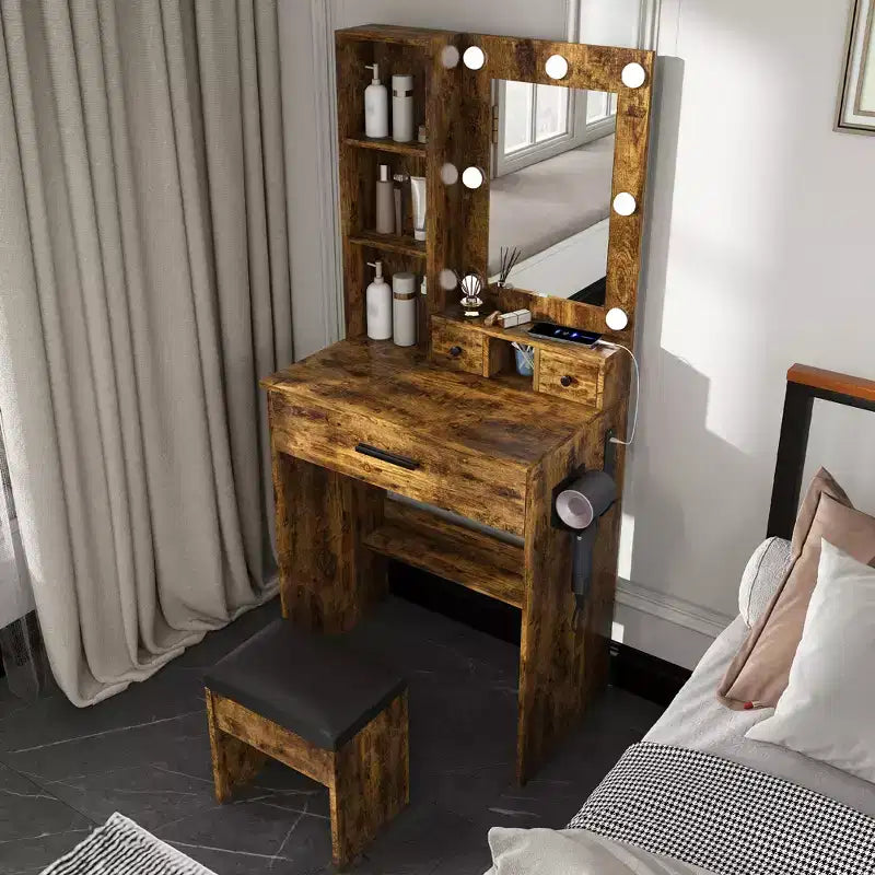Toeletta Marrone con Specchio LED, Presa di Corrente e Sgabello, 1 Persona