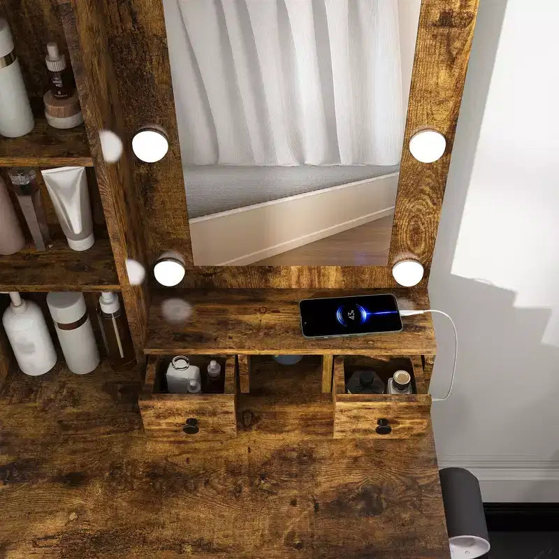 Toeletta Marrone con Specchio LED, Presa di Corrente e Sgabello, 1 Persona