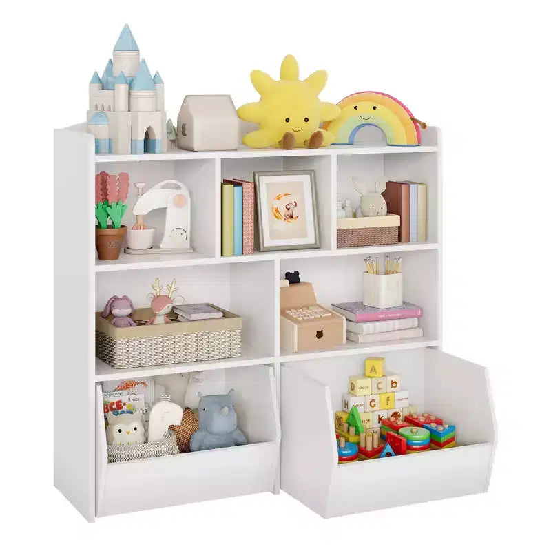 Libreria per Bambini con 5 Scomparti Aperti e 2 Cassetti con Ruote – Colore Bianco/Legno Naturale, Montaggio da 1 Persona