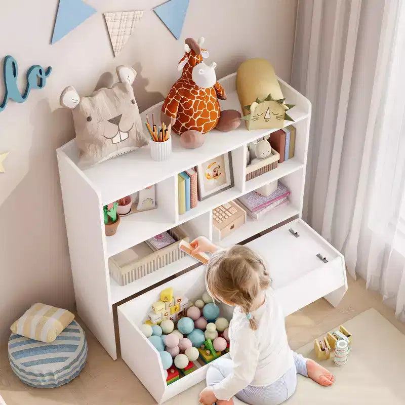 Libreria per Bambini con 5 Scomparti Aperti e 2 Cassetti con Ruote – Colore Bianco/Legno Naturale, Montaggio da 1 Persona